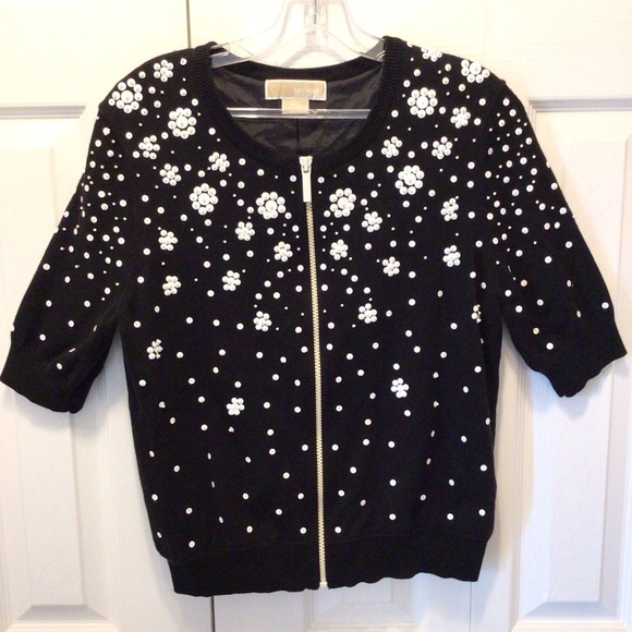 MICHAEL Michael Kors Womens Black Beaded Sequin Half Sleeve Cardigan Size PL - Picture 7 of 10